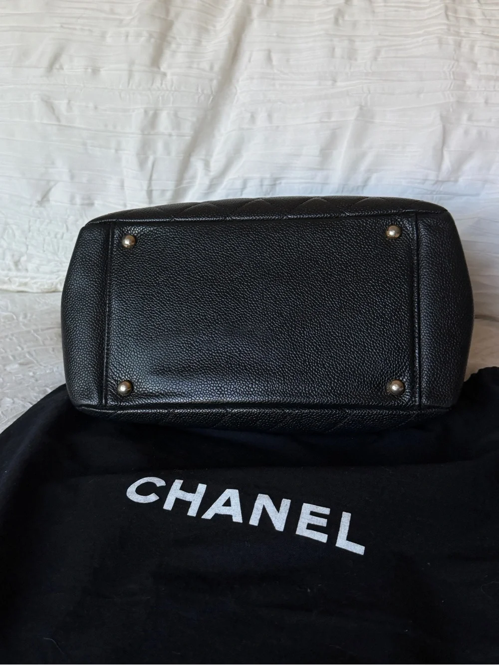 CHANEL Black Quilted Caviar Leather Petite Timeless Shoulder Bag with Gold Chain
